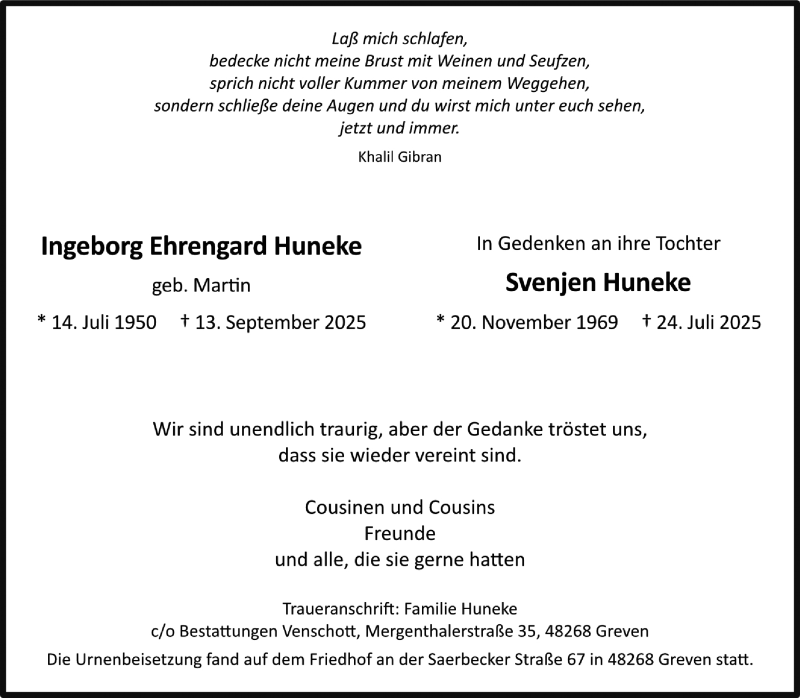  Traueranzeige für Ingeborg Ehrengard Huneke vom 30.10.2025 aus 