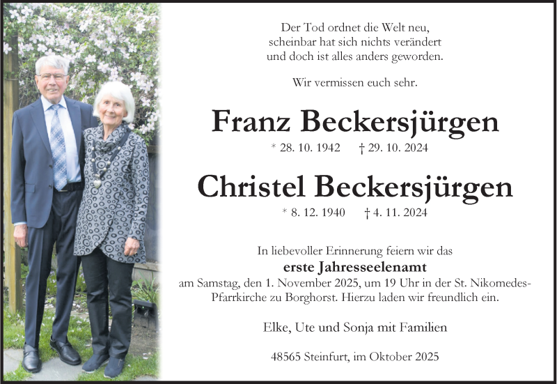  Traueranzeige für Franz und Christel Beckersjürgen vom 25.10.2025 aus 