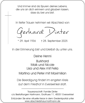 Anzeige von Gerhard Dinter 