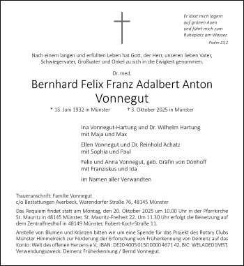 Anzeige von Dr. med. Bernhard Felix Franz Adalbert Anton Vonnegut 