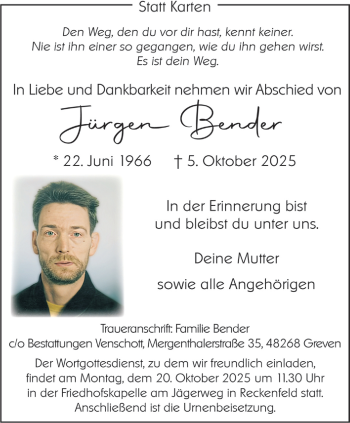 Anzeige von Jürgen Bender 