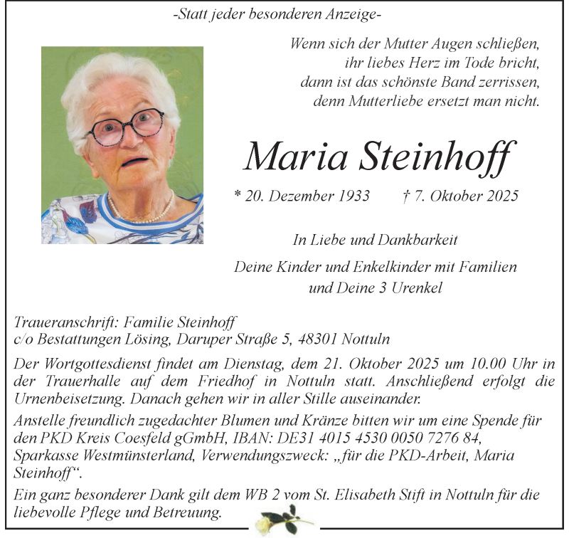  Traueranzeige für Maria Steinhoff vom 11.10.2025 aus 