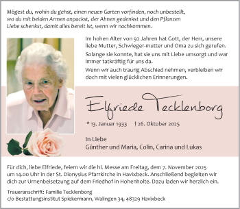 Anzeige von Elfriede Tecklenborg 