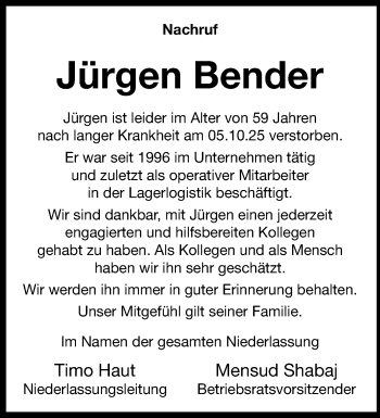 Anzeige von Jürgen Bender 
