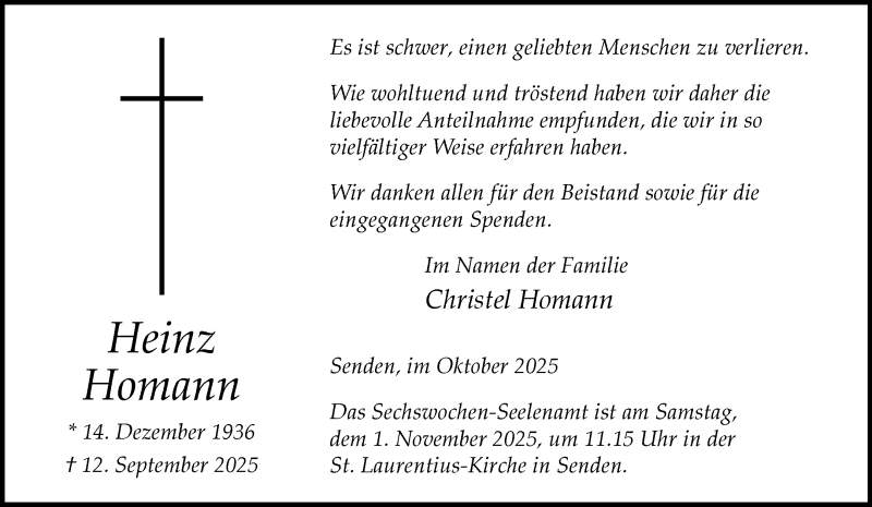 Traueranzeige für Heinz Homann vom 25.10.2025 aus 