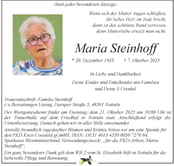 Anzeige von Maria Steinhoff 