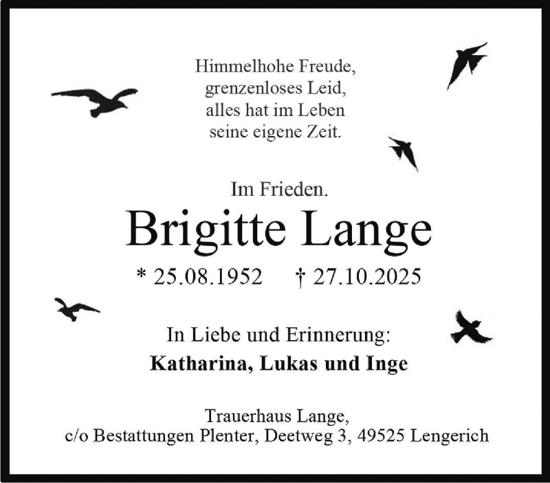  Traueranzeige für Brigitte Lange vom 31.10.2025 aus 