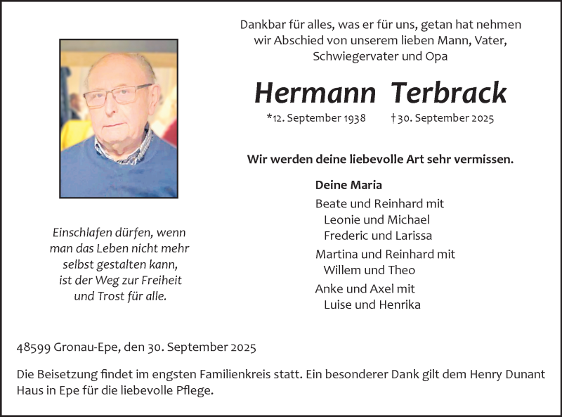  Traueranzeige für Hermann Terbrack vom 06.10.2025 aus 