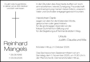 Anzeige von Reinhard Mangels 