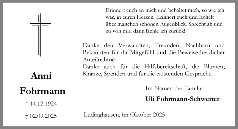  Traueranzeige für Anni Fohrmann vom 11.10.2025 aus 
