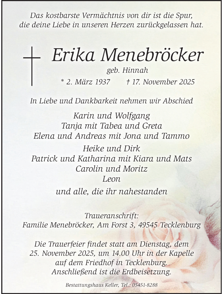  Traueranzeige für Erika Menebröcker vom 22.11.2025 aus 