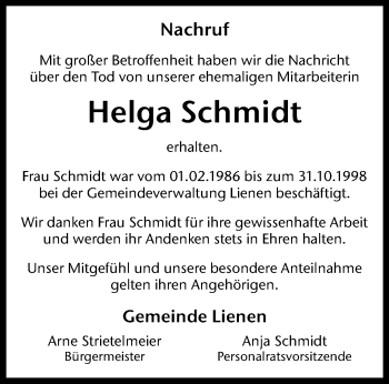 Anzeige von Helga Schmidt 