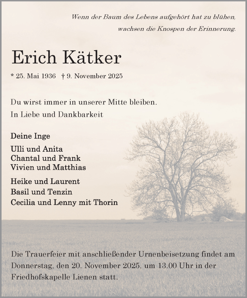  Traueranzeige für Erich Kätker vom 15.11.2025 aus 