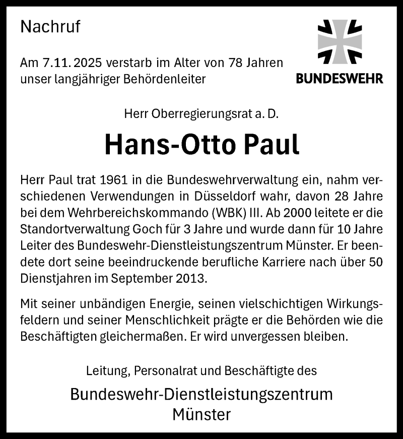  Traueranzeige für Hans-Otto Paul vom 15.11.2025 aus 
