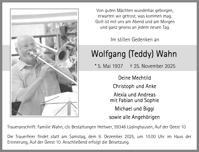 Traueranzeige für Wolfgang Wahn vom 29.11.2025 aus 