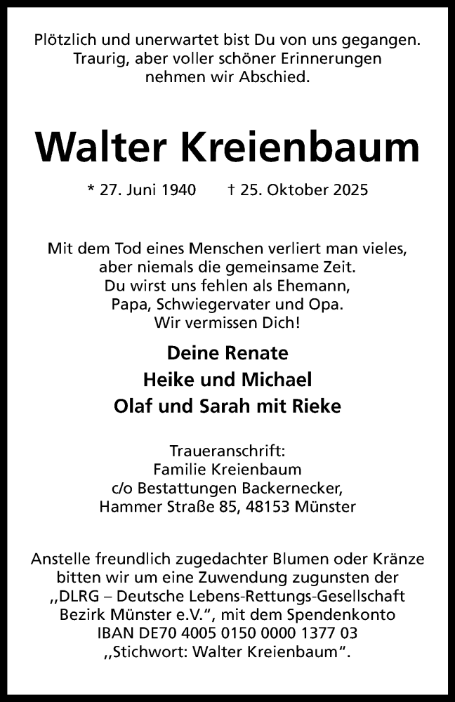  Traueranzeige für Walter Kreienbaum vom 08.11.2025 aus 