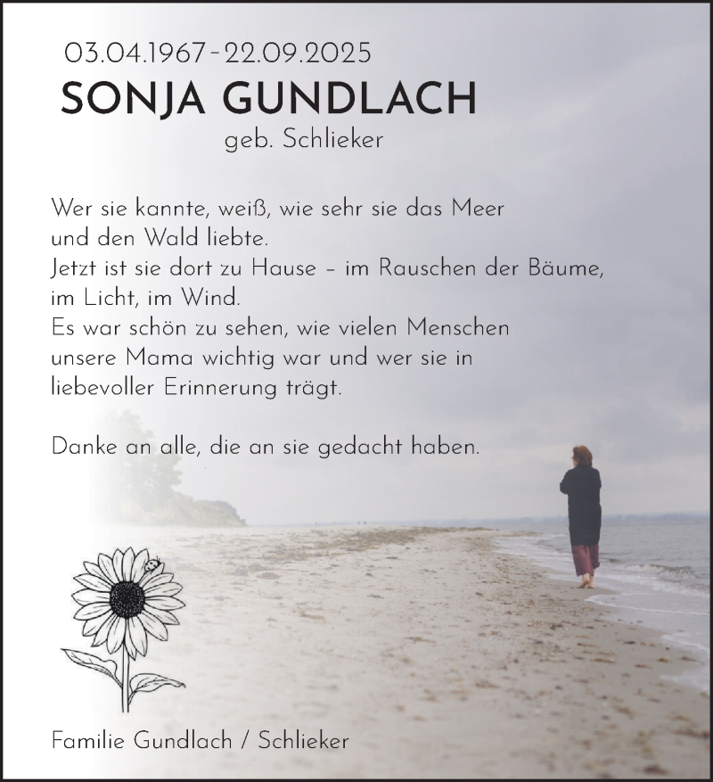  Traueranzeige für Sonja Gundlach vom 22.11.2025 aus 