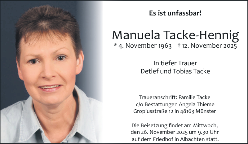  Traueranzeige für Manuela Tacke-Hennig vom 22.11.2025 aus 