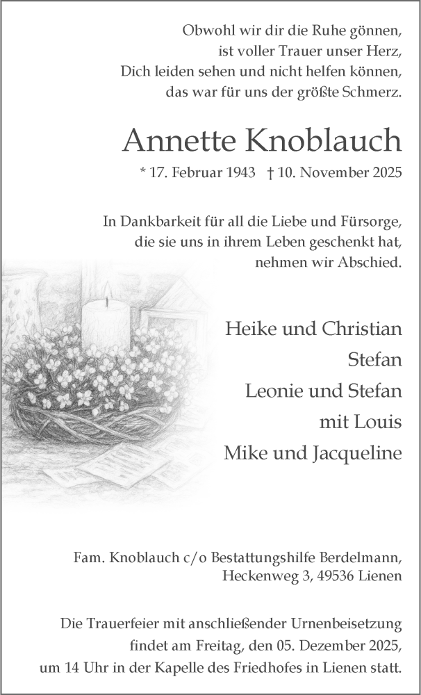  Traueranzeige für Annette Knoblauch vom 29.11.2025 aus 