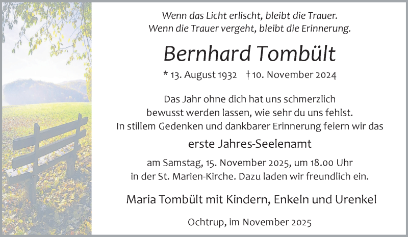  Traueranzeige für Bernhard Tombült vom 12.11.2025 aus 