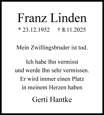 Anzeige von Franz Linden 