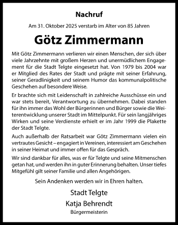 Anzeige von Götz Zimmermann 