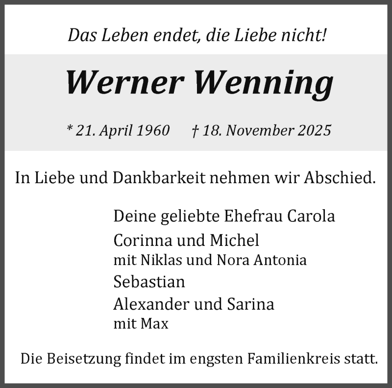  Traueranzeige für Werner Wenning vom 29.11.2025 aus 