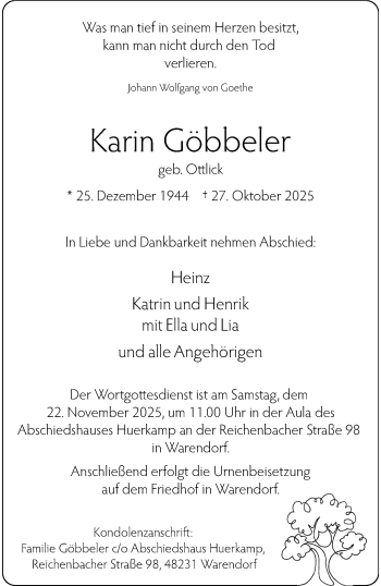 Anzeige von Karin Göbbeler 