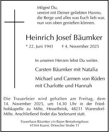 Anzeige von Heinrich Josef Bäumker 