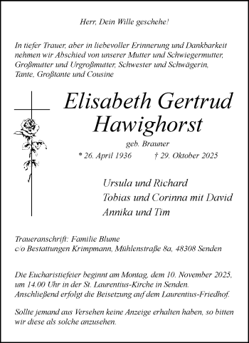 Anzeige von Elisabeth Gertrud Hawighorst 
