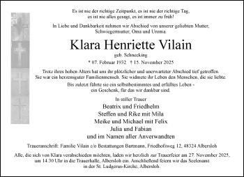 Anzeige von Klara Henriette Vilain 