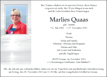 Anzeige von Marlies Quaas 