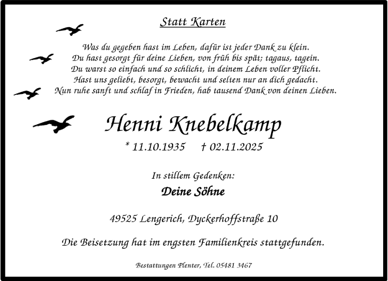  Traueranzeige für Henni Knebelkamp vom 22.11.2025 aus 