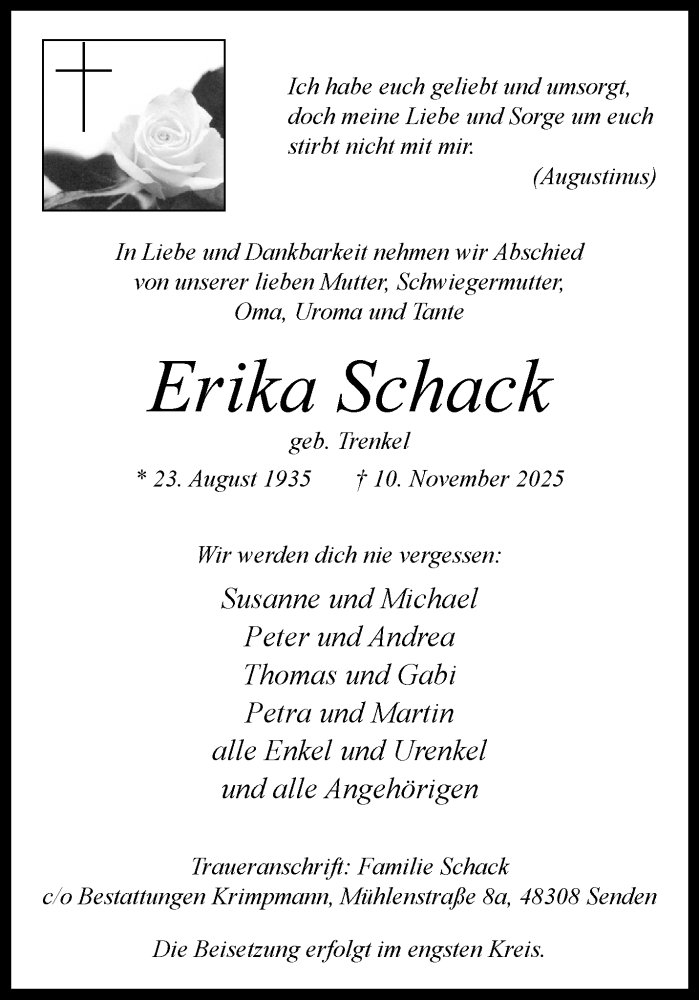  Traueranzeige für Erika Schack vom 22.11.2025 aus 