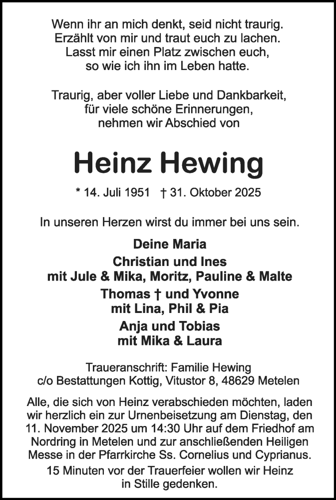  Traueranzeige für Heinz Hewing vom 06.11.2025 aus 