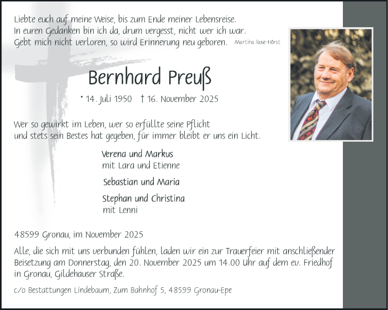  Traueranzeige für Bernhard Preuß vom 19.11.2025 aus 