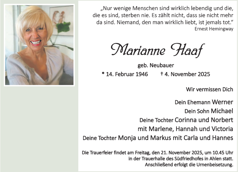  Traueranzeige für Marianne Haaf vom 15.11.2025 aus 
