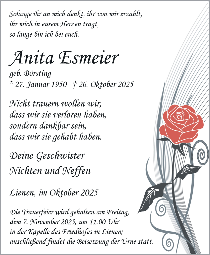  Traueranzeige für Anita Esmeier vom 04.11.2025 aus 
