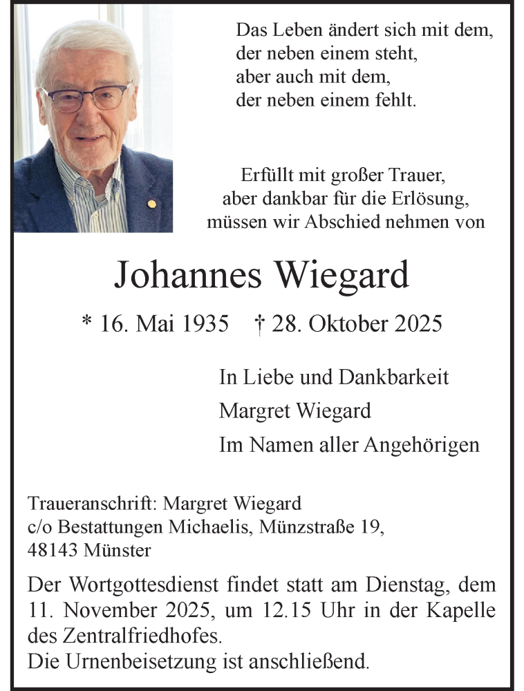  Traueranzeige für Johannes Wiegard vom 03.11.2025 aus 