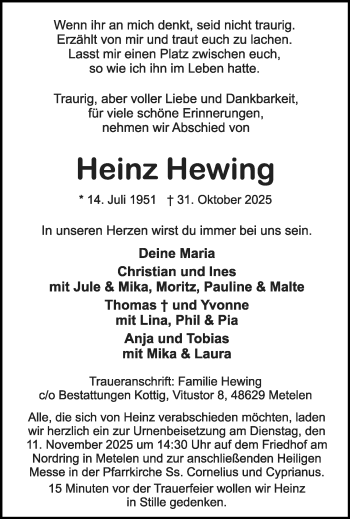 Anzeige von Heinz Hewing 