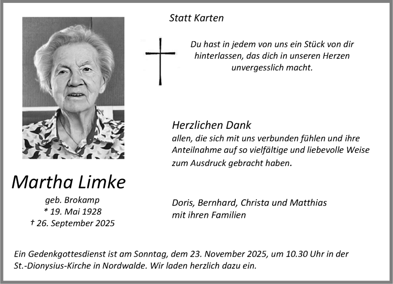  Traueranzeige für Martha Limke vom 15.11.2025 aus 