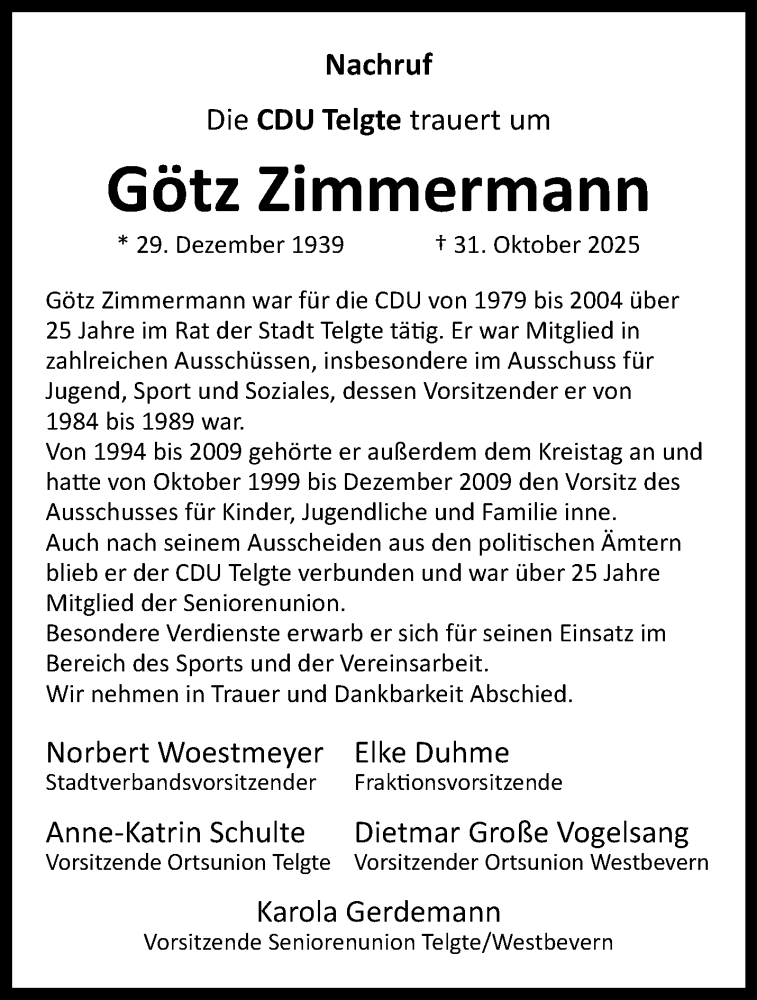  Traueranzeige für Götz Zimmermann vom 22.11.2025 aus 