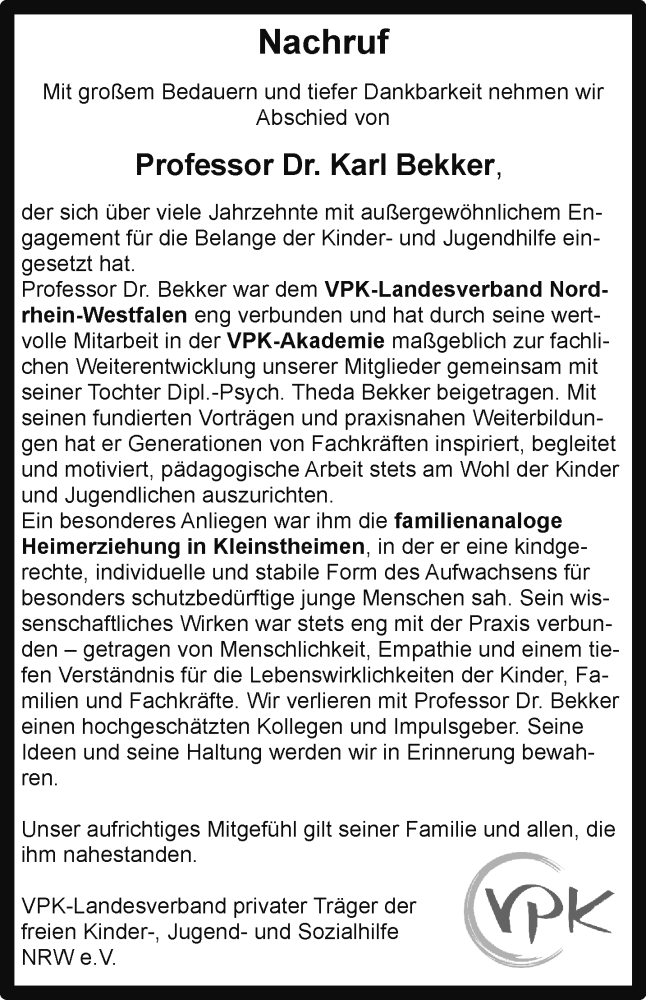  Traueranzeige für Prof. Dr. Karl Bekker vom 15.11.2025 aus 