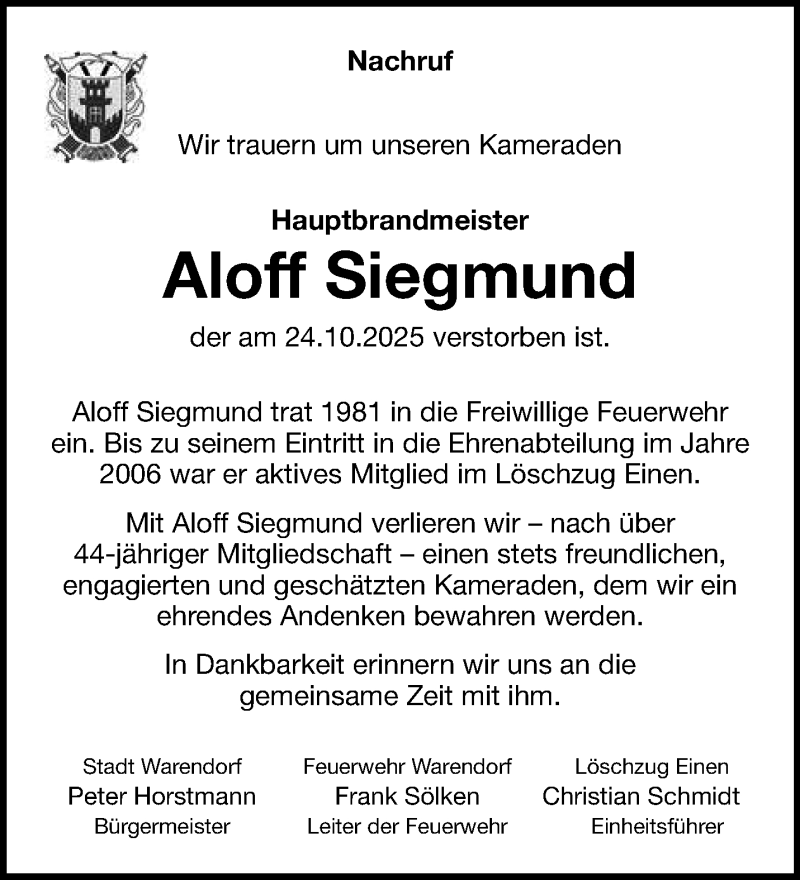  Traueranzeige für Aloff Siegmund vom 07.11.2025 aus 