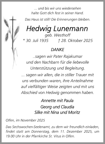 Anzeige von Hedwig Lunemann 
