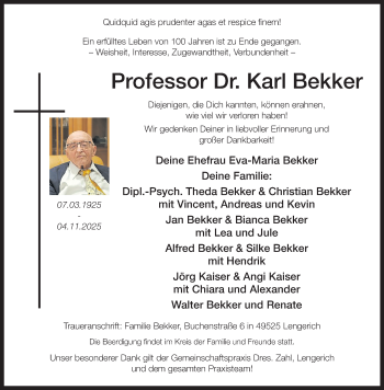Anzeige von Prof. Dr. Karl Bekker 