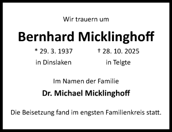 Anzeige von Bernhard Micklinghoff 