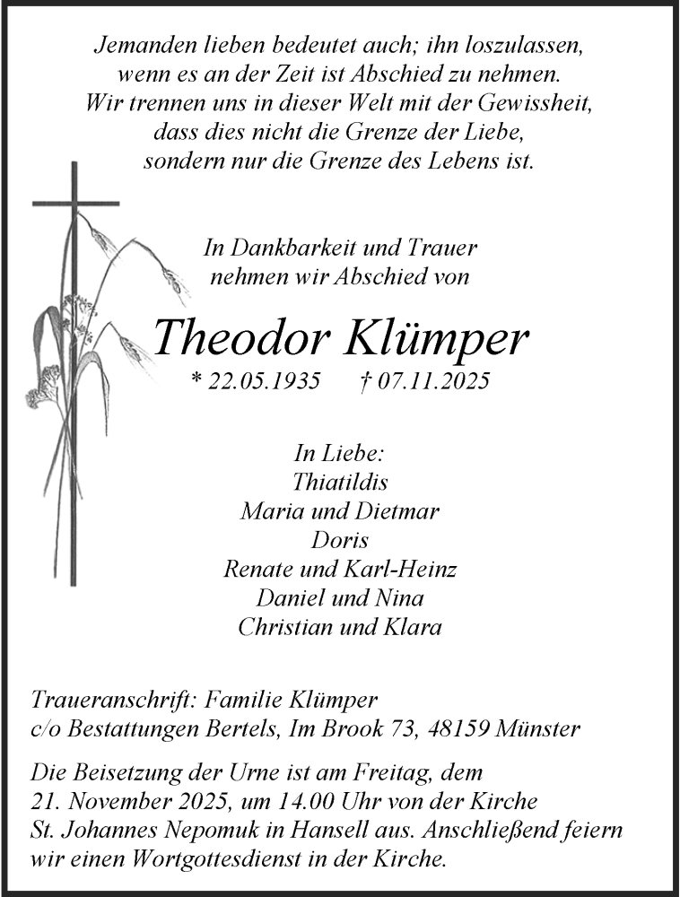  Traueranzeige für Theodor Klümper vom 15.11.2025 aus 