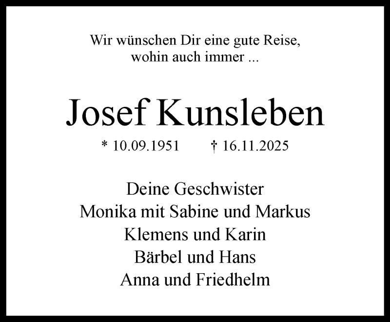  Traueranzeige für Josef Kunsleben vom 29.11.2025 aus 