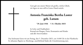 Anzeige von Antonia Franziska Bertha Loster 